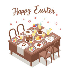 Easter feast table setting with delicious food in flat vector art