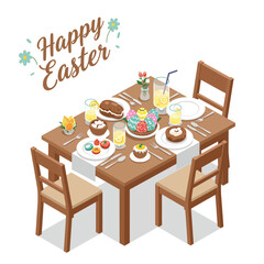 Easter celebration dining table with colorful treats in flat vector art