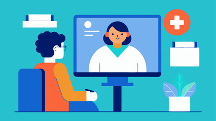 Telemedicine Consultation A patient sitting in the clinic talking to a spet through a large screen for a telemedicine session showcasing seamless healthcare connectivity.