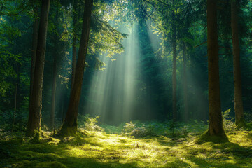 Obraz premium Sunlight filters through dense forest trees, creating a mystical aura as rays illuminate the peaceful, leafy canopy below.