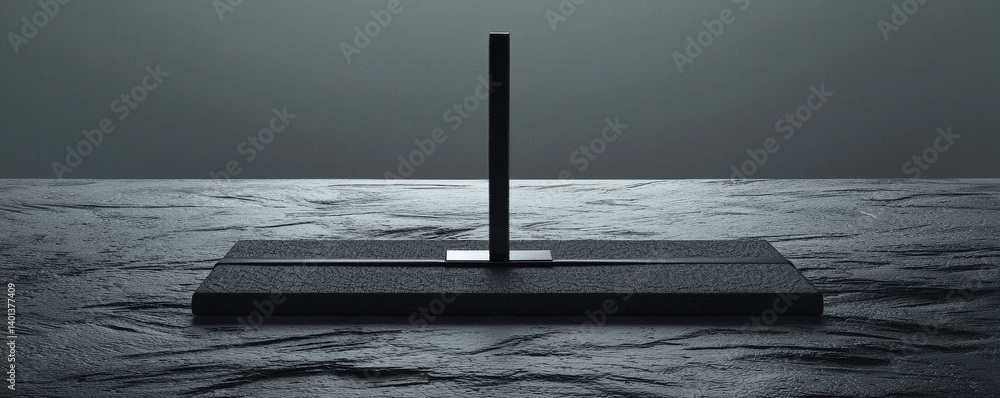Poster a modern minimalistic design featuring a sleek desk lamp on a reflective surface.