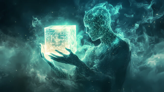 A surreal figure made of light, dissolving into mist, holding a glowing cube with riddles engraved on its surface, surreal, ghostly, digital art, neon highlights. Nebular Engraving. Illustration