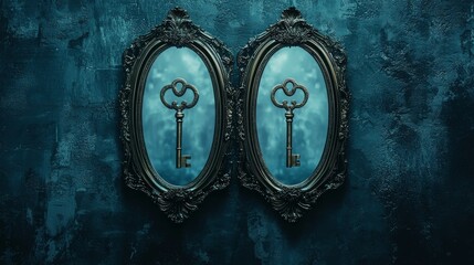 A pair of antique keys elegantly displayed in decorative frames against a textured backdrop.