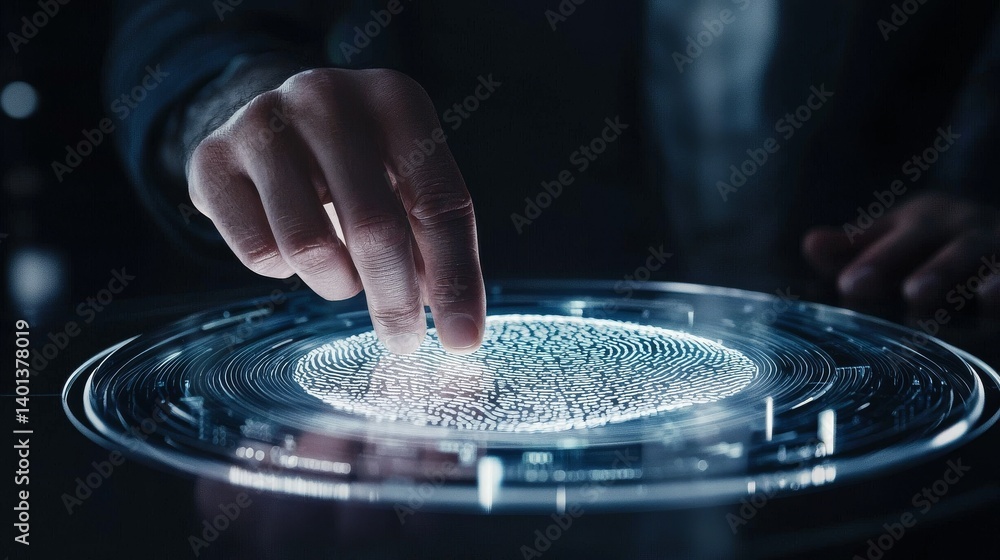 Poster a person interacting with a futuristic holographic display of data.