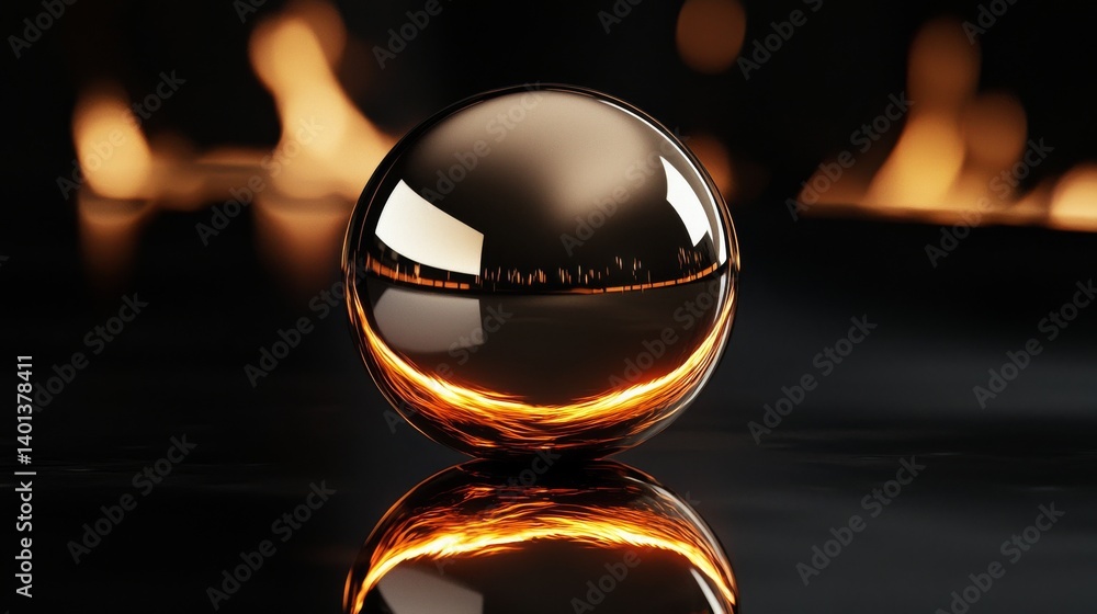 Poster a reflective golden sphere surrounded by warm flames creating a captivating visual.