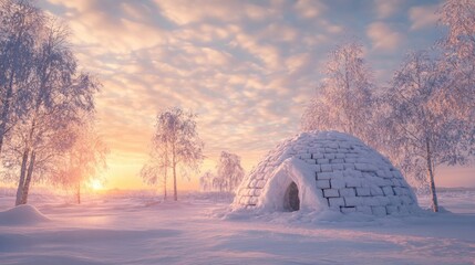 A cozy igloo made of snow bricks, set against a serene snowy landscape with soft, early morning light
