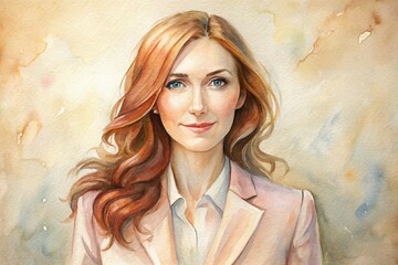 Portrait of a confident professional woman with long wavy hair in a soft watercolor style, set against a warm, abstract background for business themes