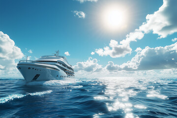 Fototapeta premium Luxury Cruise Ship on Open Sea – Photorealistic Travel Concept with Blue Sky, Ocean Horizon and Copy Space for Lifestyle or Tourism Branding