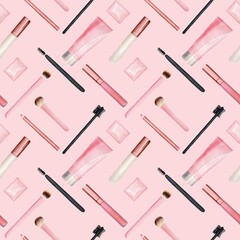 Seamless pattern with cosmetic products - eyeliner, brush, cream, lipstick, lip gloss. Handmade watercolor illustration isolated on pink background.