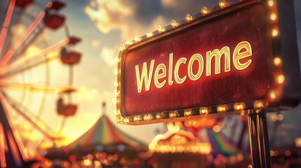 A vibrant carnival scene with a brightly lit "Welcome" sign, featuring a ferris wheel and colorful tents against a sunset backdrop.