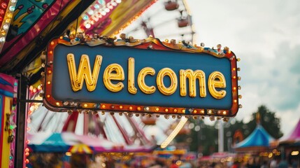 A vibrant "Welcome" sign at a fair, adorned with colorful lights, inviting visitors to enjoy the festivities and attractions.
