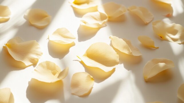 A collection of soft yellow petals scattered across a clean white surface, illuminated by natural sunlight