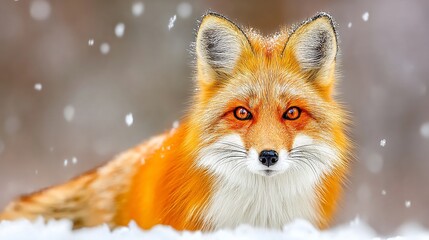 Vivid close-up of a red fox with piercing eyes in a snowy winter setting. Snowflakes fall softly