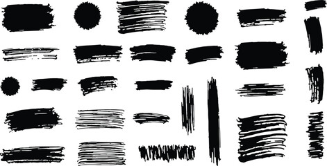 Hand Drawn Brush Strokes & Grunge Shapes Set - Black Ink Paint Textures, Artistic Doodle Elements, Vector Illustration Collection