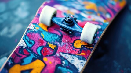 A close-up of a skateboard deck with colorful graffiti designs, highlighting creativity