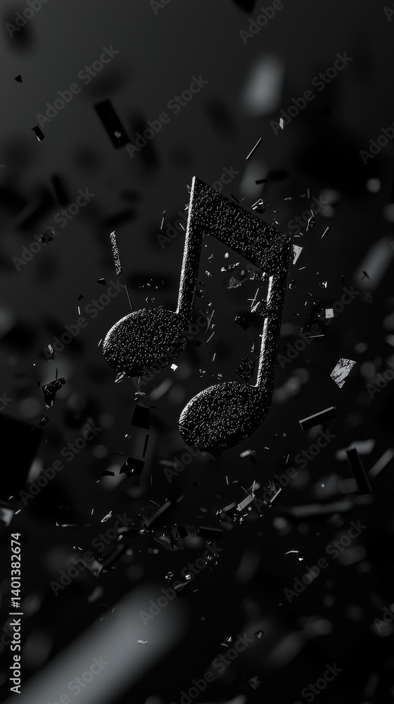 Poster a stunning black musical note fragment exploding in a dynamic background.