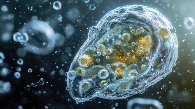 A close-up of an amoeba interacting with its environment, showcasing its adaptability