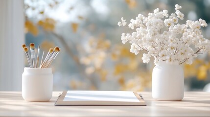 A simple, artistic workspace.  Small white vases hold paintbrushes, and a clipboard with blank paper sits on a light-colored wooden table.  A blurred background shows a window, trees,