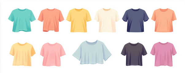Colorful T-Shirt Template Set – Front  View Vector Illustrations – Blank Apparel Mockups for Designers – Copy Space