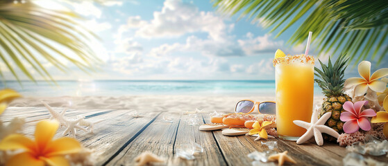 Dreamy Summer Beach Paradise – Hyper-Realistic Blue Sky & Ocean with Wooden Floor, Sunglasses & Tropical Cocktail – Vibrant Vacation Flat Lay, Copy Space for Ads, 8K Ultra HD