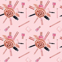 Seamless pattern with cosmetic products - powder, eye shadow, lip gloss. Handmade watercolor illustration on pink background. For wrapper, textile