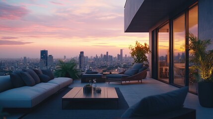 Fototapeta premium A beautiful rooftop terrace of a luxury house with a panoramic view of the city