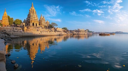 A beautiful, panoramic view of Dwarkadhish Templea??s towering spires, reflecting in the calm waters of the holy river