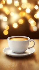 Obraz premium White coffee cup on wooden table, bokeh background