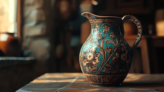 A beautifully detailed jug depicted in traditional pottery style, showcasing craftsmanship - Powered by Adobe