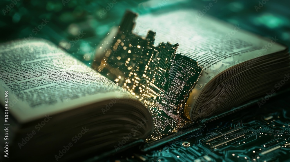 Poster a surreal image of an open book with a cityscape emerging from its pages, illuminated.