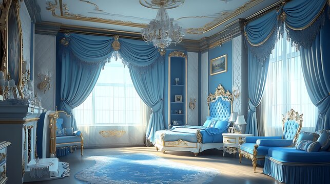 Blue fairytale castle bed in a luxury princess suite