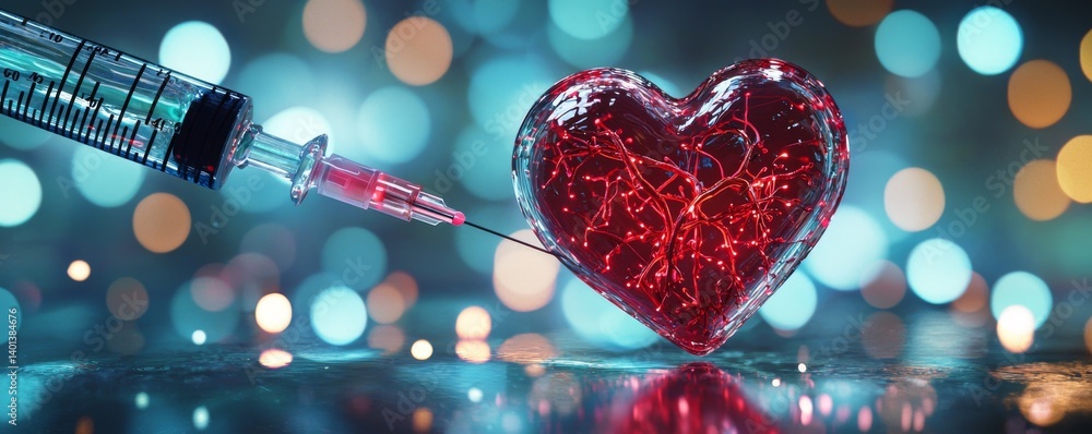 Poster a syringe injecting vibrant liquid into a heart-shaped object against a bokeh background.
