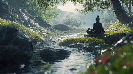. A serene landscape with a ninja meditating by a tranquil stream