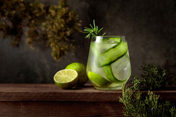 Refreshing hard seltzer with ice, lime, cucumber, and rosemary.