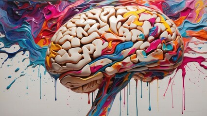 A colorful, abstract illustration of a human brain against a dark blue background