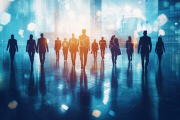 Silhouettes of business professionals walking against gradient blue background