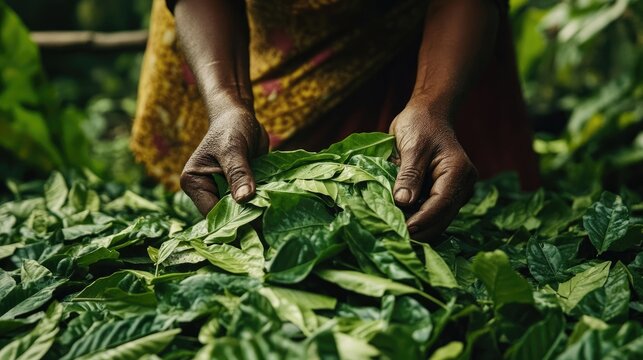 . A close-up of patha leaves being harvested, capturing the essence of nature