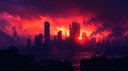 . A city skyline silhouetted against a vibrant sunset fading into night