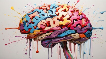 A colorful, abstract illustration of a human brain against a dark blue background