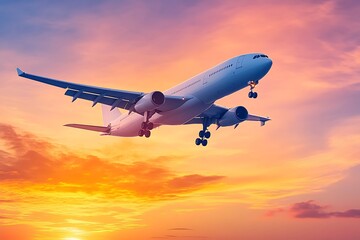 A plane gracefully landing at sunset, silhouetted against the vibrant orange and pink sky, with ample space for additional elements or text