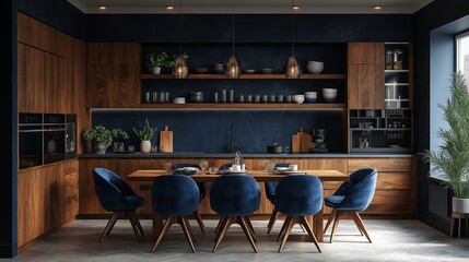 Modern kitchen interior with wooden cabinets dark blue walls and dining table with chairs