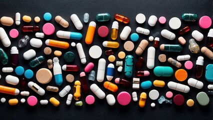A close-up view of a stethoscope resting on a reflective surface scattered with various colorful pills and capsules