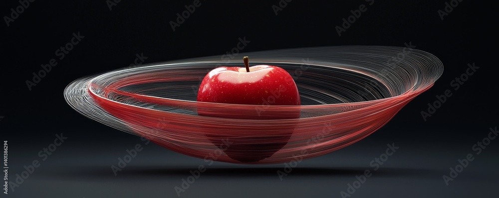 Poster a vibrant red apple spinning on a black background, creating a dynamic visual effect.