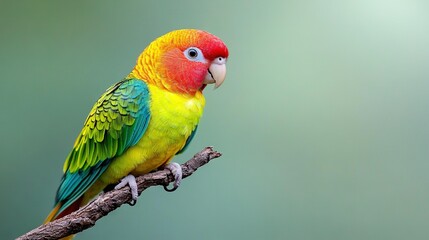   A vibrant bird sat on a leafy branch against a lush green background