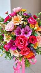 A vibrant bouquet of assorted blooms, lush greenery, and delicate ribbons, celebration, blooms, vibrant colors