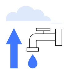 Blue arrow pointing up, cloud, water tap with droplet symbolizing conservation, sustainability, and efficiency. Ideal for ecology, environment, climate change, resources growth awareness water
