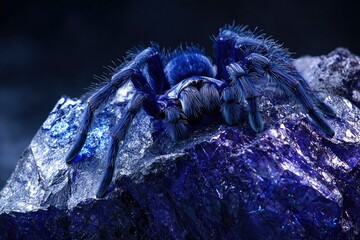 A vibrant blue tarantula perched atop a dark, glistening rock, a captivating arachnid portrait.