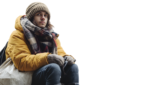 Professional Image of a Homeless Woman Sitting on Street with Isolated White Background