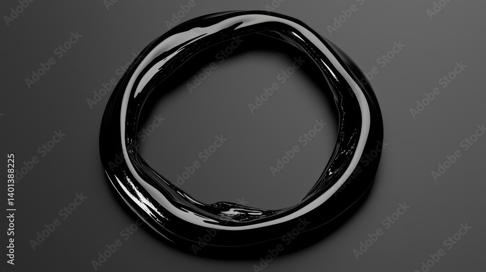 Poster an abstract circular shape made of smooth black material on a dark background.