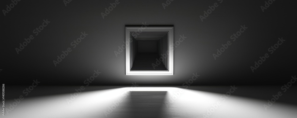 Poster an abstract light installation creating depth and mystique in a dark room.